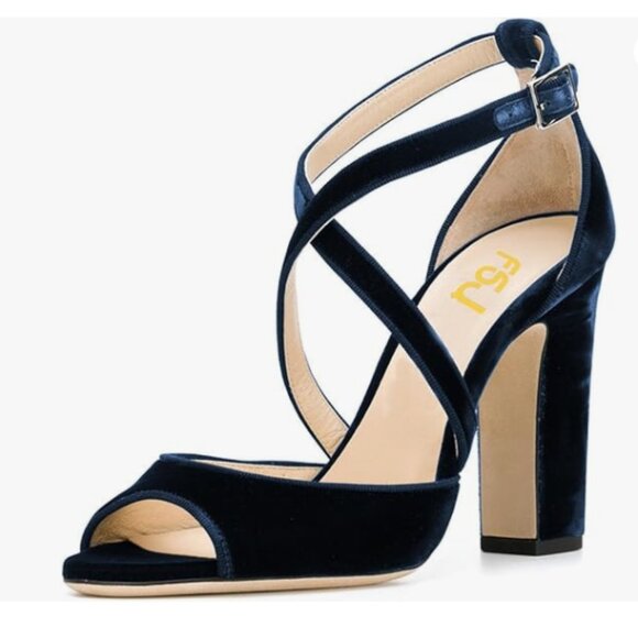 FSJ Dark Blue Peep Toe Sandals Chunky High Heel Pumps Cross Strap Velvet Shoe - Picture 1 of 8